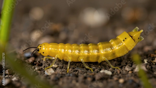 Fototapeta Pyrochroa coccinea caterpillar larva - Fire Moth butterfly. Close-up macro of yellow insect larva development. Background.