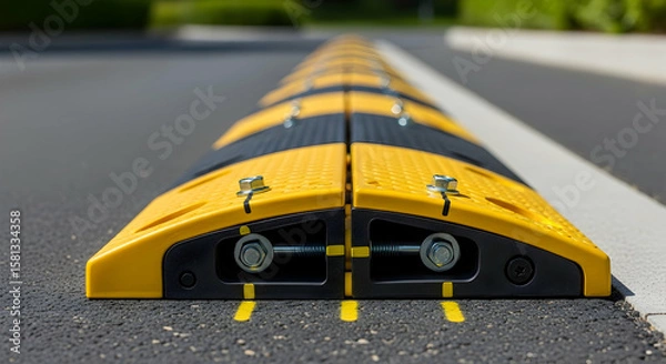 Obraz Road Safety Device Showing Speed Bump on Asphalt Road In Close Up View