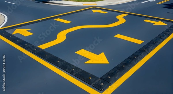 Obraz Road safety feature showcasing a turning table with prominent yellow directional arrows