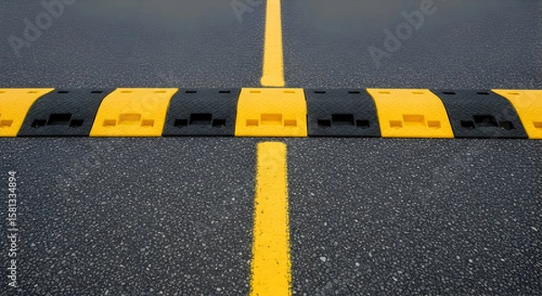 Obraz Road safety focus on speed bump and yellow lane markers for traffic control