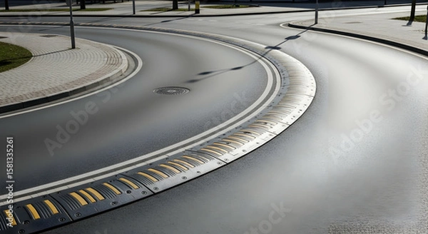 Obraz Road Safety Measures On A Modern Asphalt Traffic Circle In Urban Environment