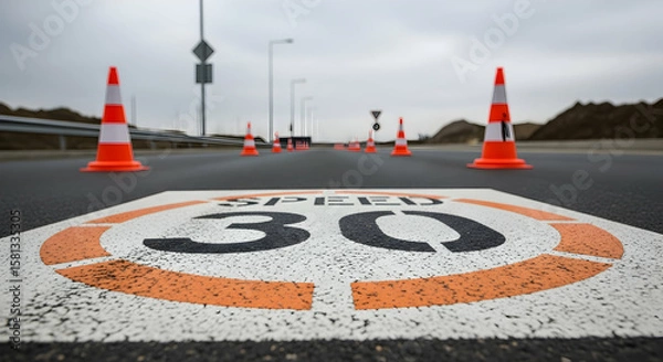 Obraz Road safety measures showcasing speed limit signage with traffic cones on the asphalt