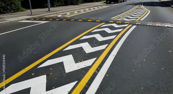 Obraz Road Safety Measures Speed Bump Installation With Chevron Markings For Traffic Calming