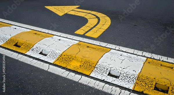 Obraz Road safety measures with speed bump and directional arrow on asphalt surface