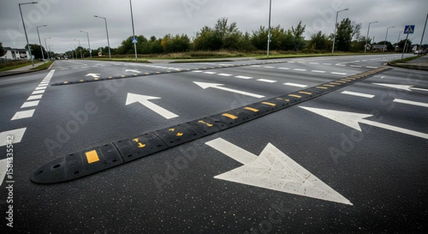 Obraz Road safety measures with speed bumps and directional arrows on asphalt surface
