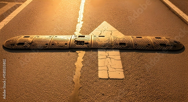 Obraz Road Safety Solution Asphalt Surface With Warning Arrow And Speed Bump Installation