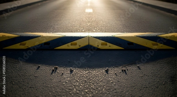 Obraz Road Safety Speed Bump With Yellow And Black Stripes On An Asphalt Road