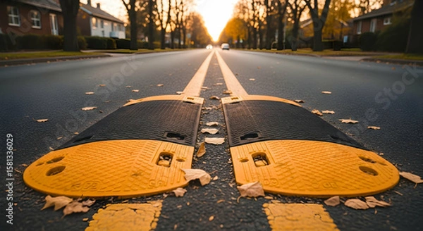 Obraz Road safety speed bumps in a suburban street creating a tranquil autumn view