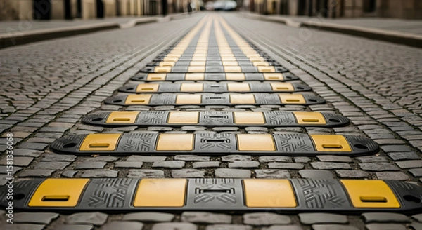 Obraz Road safety speed bumps on a paved street to slow down vehicles for pedestrian safety