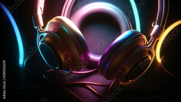 Obraz Iridescent Neon Headphones with Glow for Futuristic Audio and Music Style