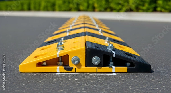 Obraz Road Safety Speed Reducer On Asphalt With Stripes Yellow And Black Colors