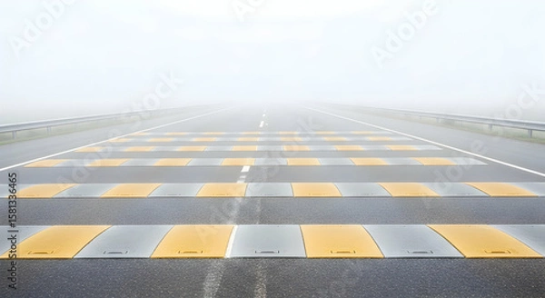 Obraz Road Safety With Speed Bumps And Fog Creating A Mysterious Journey Ahead