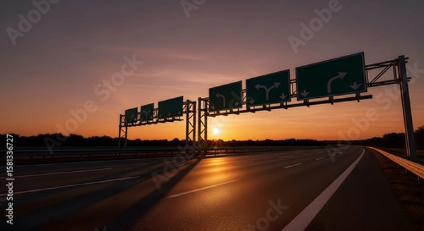 Obraz Road Signs Guide Motorists During Sunset Journey, Towards Destinations Ahead