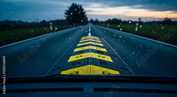 Obraz Road speed bump perspective view from car windshield on a rainy day with cloudy background and road markings