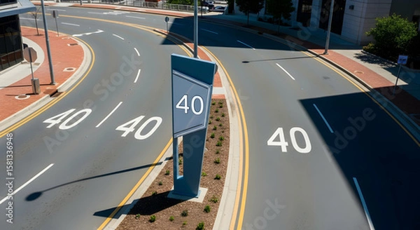 Obraz Road Speed Limit With Asphalt Surface And Buildings On Sides On Sunny Day