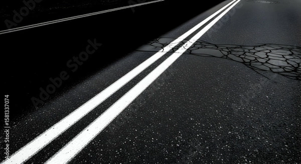 Obraz Road Surface With Double White Lines And Visible Pavement Damage On The Right Side