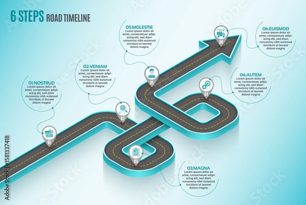 Fototapeta Isometric navigation map infographic 6 steps timeline concept. Winding road.