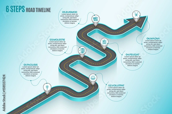Fototapeta Isometric navigation map infographic 6 steps timeline concept. Winding road.