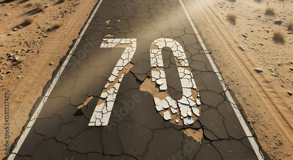 Obraz Road to nowhere: Cracked asphalt road with speed limit 70 in the middle of desert