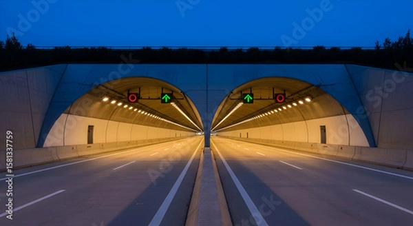 Obraz Road Tunnel Entrance With Traffic Lights at Twilight Hour Architecture