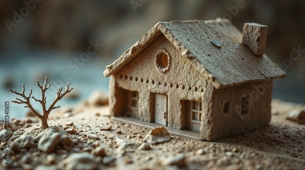 Obraz Realistic Miniature Desert House Model with Tree and Sand Landscape