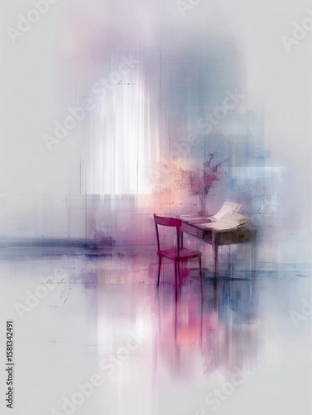 Fototapeta Ethereal interior space with softly lit surroundings and a single chair at a desk