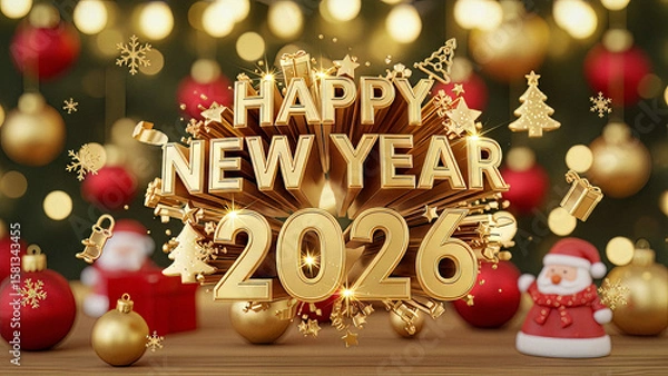 Fototapeta  Stunning golden 3D text "Happy New Year 2026" surrounded by festive Christmas decorations like ornaments, Santa Claus figures, and sparkling lights, perfect for holiday greetings and celebrations

