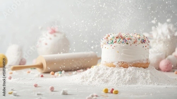 Obraz Baking competition setup with cake, flour, sprinkles, and rolling pin