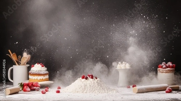 Obraz Baking competition setup with flour and rolling pin