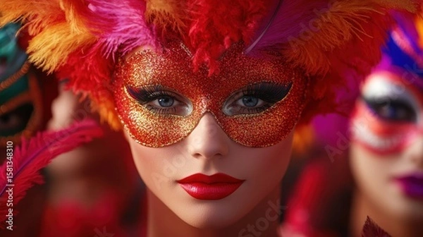 Obraz Glittering mask and feathers in vibrant carnival celebration
