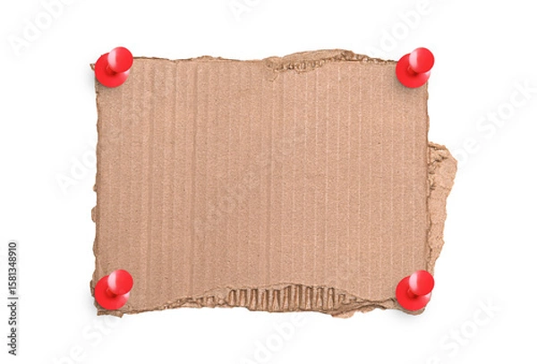 Fototapeta Rough cut cardboard piece held by red push pins isolated on transparent background PNG
