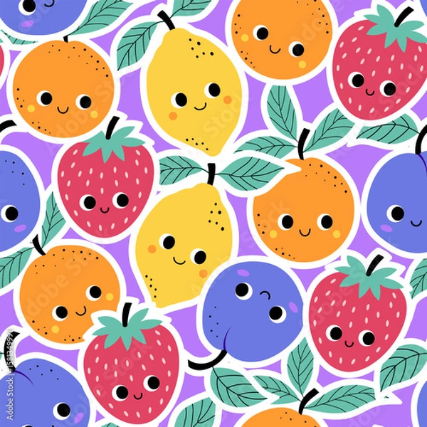 Fototapeta Cute summer seamless pattern of berry and berry fruits in kawaii style,vector illustration.