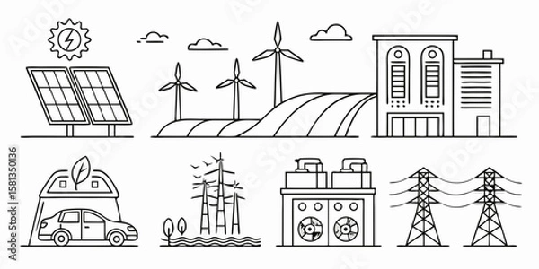 Fototapeta Collection of renewable energy sources and infrastructure icons in a simple line art style silhouette isolated on white background