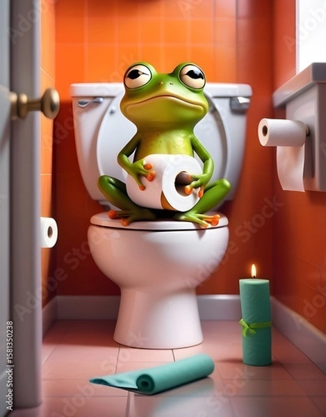 Fototapeta Funny Frog on Toilet with Toilet Paper Roll - 3D Render