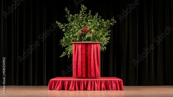 Obraz Elegant graduation stage with red podium and greenery