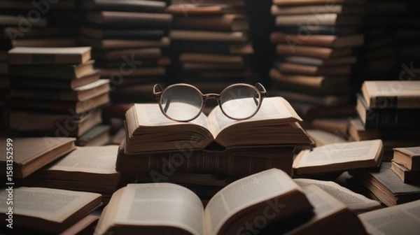 Obraz International book fair theme with stacked books and glasses