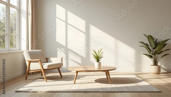 Obraz Modern, Minimalist Living Room with Natural Light.A serene and stylish living room featuring natural light streaming in, highlighting a neutral color palette.
