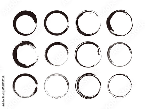Obraz 墨で描いた掠れのある手描きの円フレームセット
