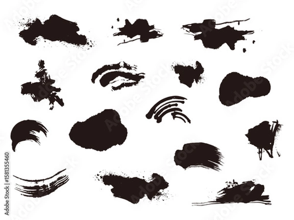 Obraz 墨で描かれた掠れや滲みのあるラフなシルエットの素材セット