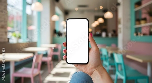 Fototapeta Mobile Device Screen Display in Modern Cafe Setting Perfect for App Promotion and Mockup, a woman shows the blank screen of her phone in an interior
