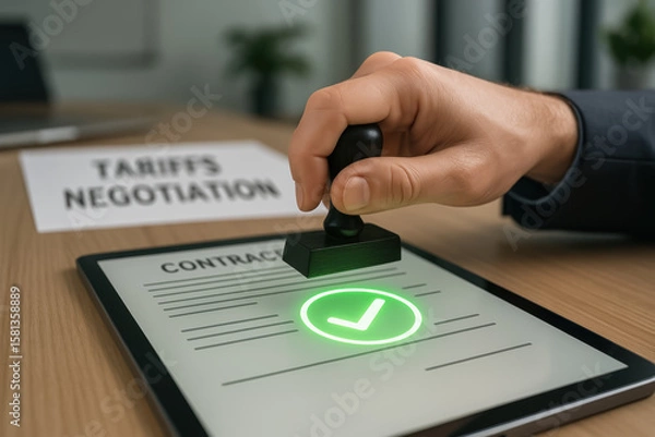 Fototapeta Tariffs negotiation concept with hand stamping contract on digital tablet symbolizing agreement and successful business deal in office environment