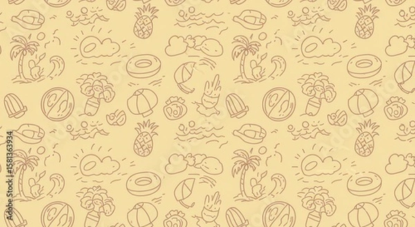 Fototapeta Beach summer pattern. Sea seamless bg. Crayon element background with palm, sun, watermelon, straw hat, flower, shell, rainbow. Kid boho abstract travel seamless pattern. Crayon child summer sea beach