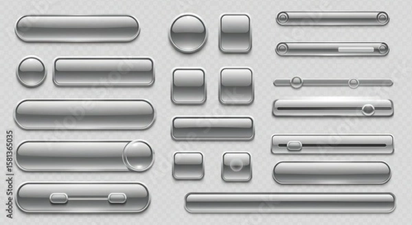 Fototapeta "Set of vector metallic user interface buttons and sliders, glossy chrome and steel textures, futuristic UI/UX components for apps and games — isolated on transparent background"
