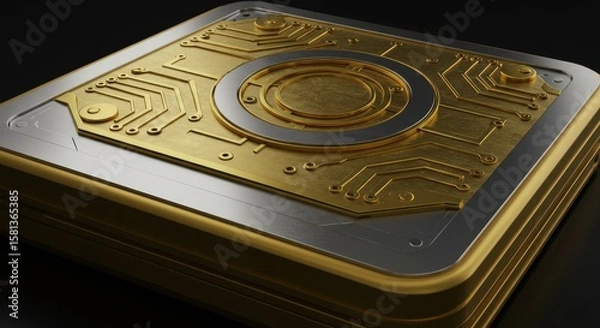 Fototapeta Luxury tech logo with metallic gold and chrome textures, embossed effects on dark background, modern style branding for technology startups — close-up 3D illustration
