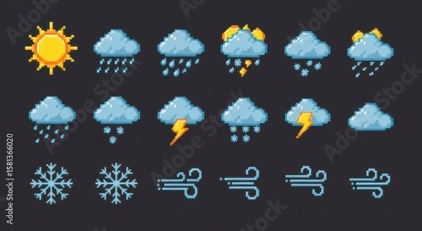 Fototapeta "Colorful pixel art vector icon set of weather elements — sun, rain, clouds, snow, thunder, wind — 8-bit retro style, isolated and grid-aligned for mobile app design"
