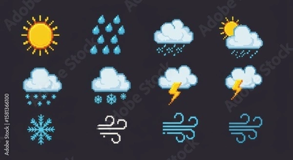 Fototapeta "Colorful pixel art vector icon set of weather elements — sun, rain, clouds, snow, thunder, wind — 8-bit retro style, isolated and grid-aligned for mobile app design"

