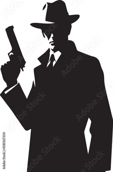 Fototapeta Man in fedora holding pistol wearing trench coat and tie vector