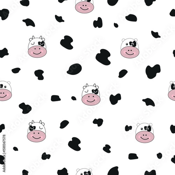 Fototapeta Cute cow Moo face black white background seamless for textile design pattern
