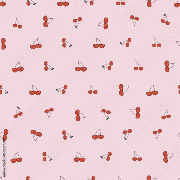 Fototapeta Cute cherry Y2k design pattern with baby pink background seamless fabric design pattern