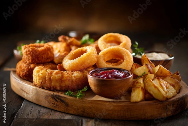 Fototapeta Onion rings with fried snacks and dipping sauce — rustic wooden platter for pub or bar menu design